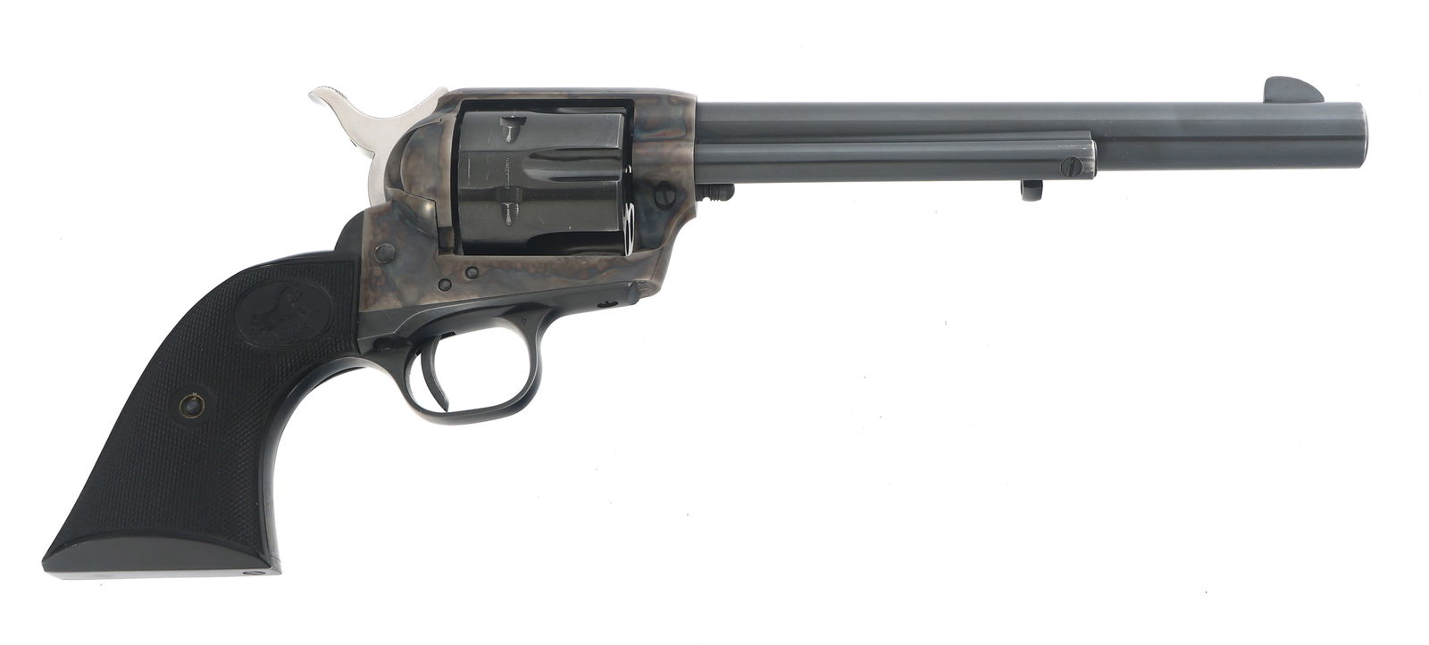 COLT SINGLE ACTION ARMY .38 SPL CALIBER REVOLVER: COLT SINGLE ACTION ARMY .38 SPL CALIBER REVOLVER 1959 Colt Single Action Army .38 SPL. caliber revolver. Blued barrel, grip frame, cylinder and trigger guard. Case hardened frame. Checkered plastic gr