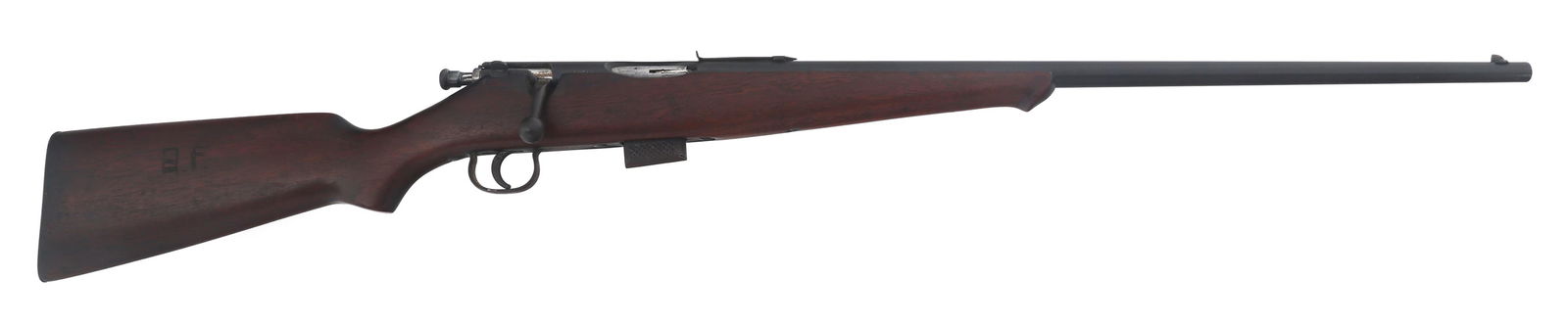 SAVAGE MODEL 23B SPORTER .25-20 CALIBER RIFLE: SAVAGE MODEL 23B SPORTER .25-20 CALIBER RIFLE Savage Model 23B Sporter .25-20 caliber bolt action rifle. Wood stock. B.F. carved into right side of butt stock. Savage steel butt plate. Blade front sig