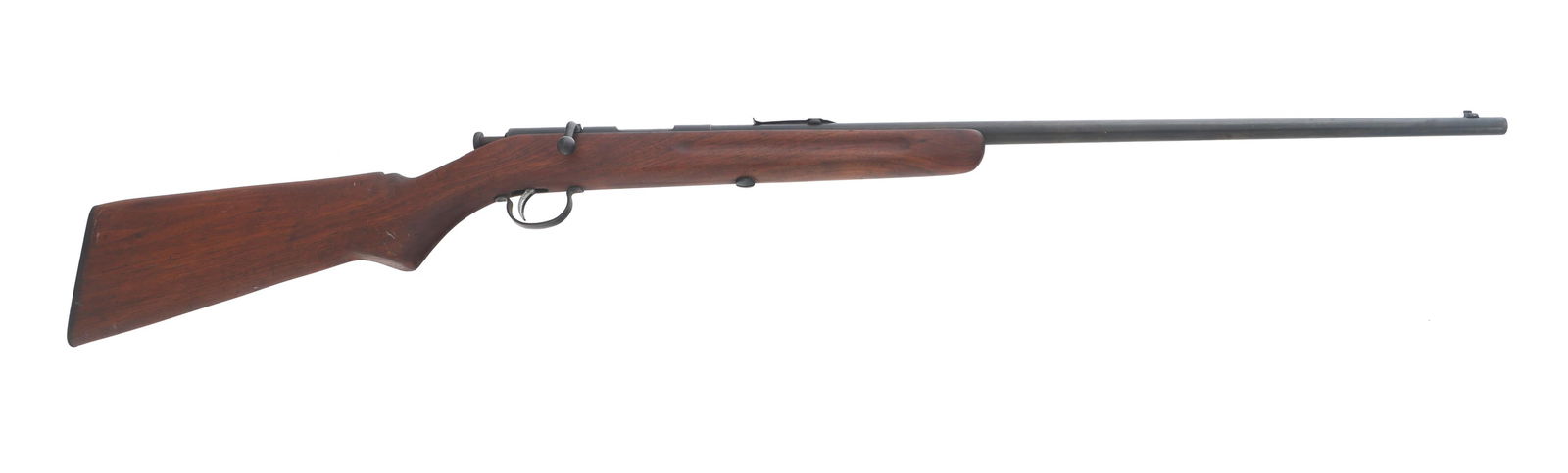 REMINGTON MODEL 33 .22 CALIBER BOLT ACTION RIFLE: REMINGTON MODEL 33 .22 CALIBER BOLT ACTION RIFLE Remington Model 33 .22 S-L-LR caliber single shot bolt action rifle. Blued finish. Blade front sight. Adjustable rear sight. Wood stock. Metal butt pla