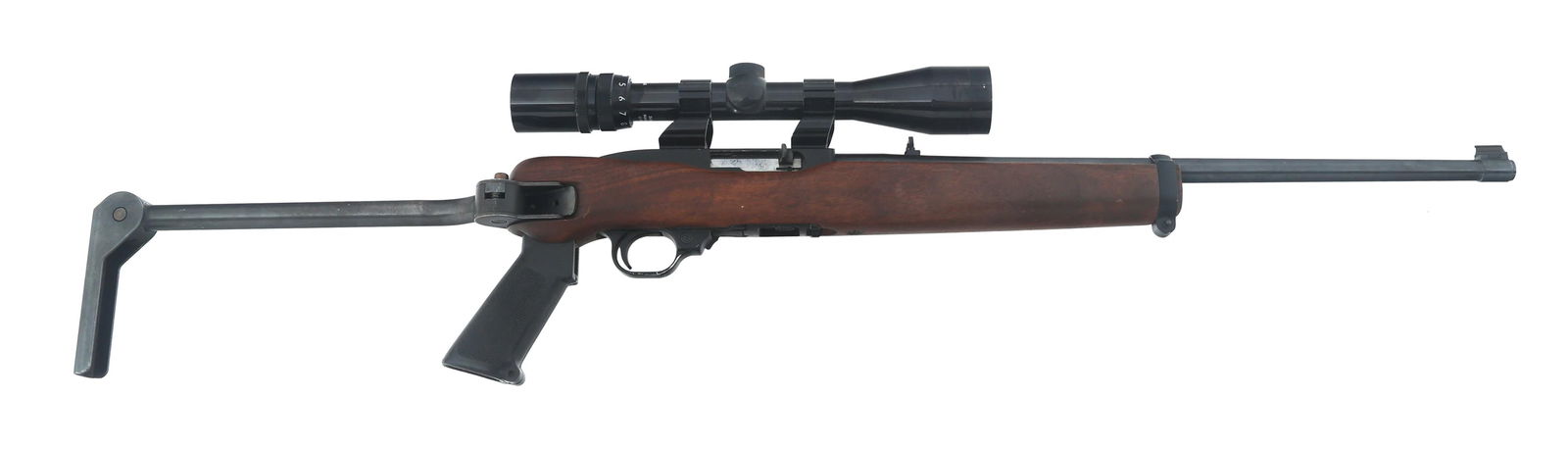 RUGER MODEL 10/22 .22 LR CALIBER RIFLE: RUGER MODEL 10/22 .22 LR CALIBER RIFLE Ruger Model 10/22 .22 LR caliber semi-automatic rifle. Wood forend. Checkered polymer grip. Folding stock. Blade front sight. Flip up rear sight. One magazine. B