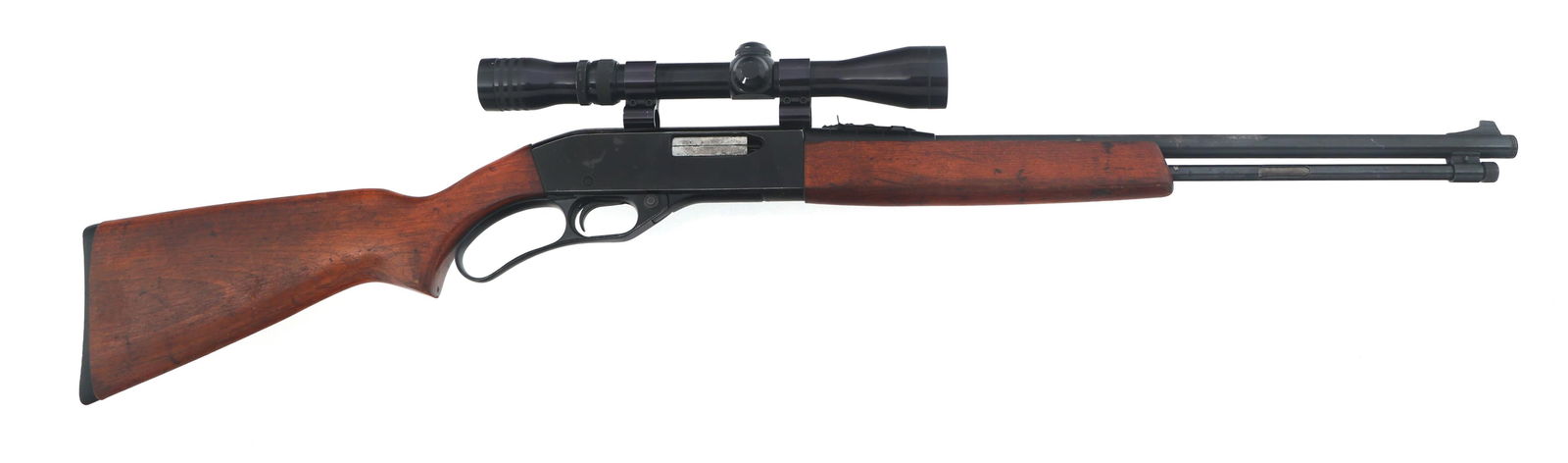 SEARS MODEL 5M .22 WMR CALIBER RIFLE: SEARS MODEL 5M .22 WMR CALIBER RIFLE Sears Model 5M .22 W.M.R. caliber lever action rifle. Wood stock and forend. Wood butt plate. Blade front sight. Adjustable rear sight. Redfield 3-9x rifle scope.