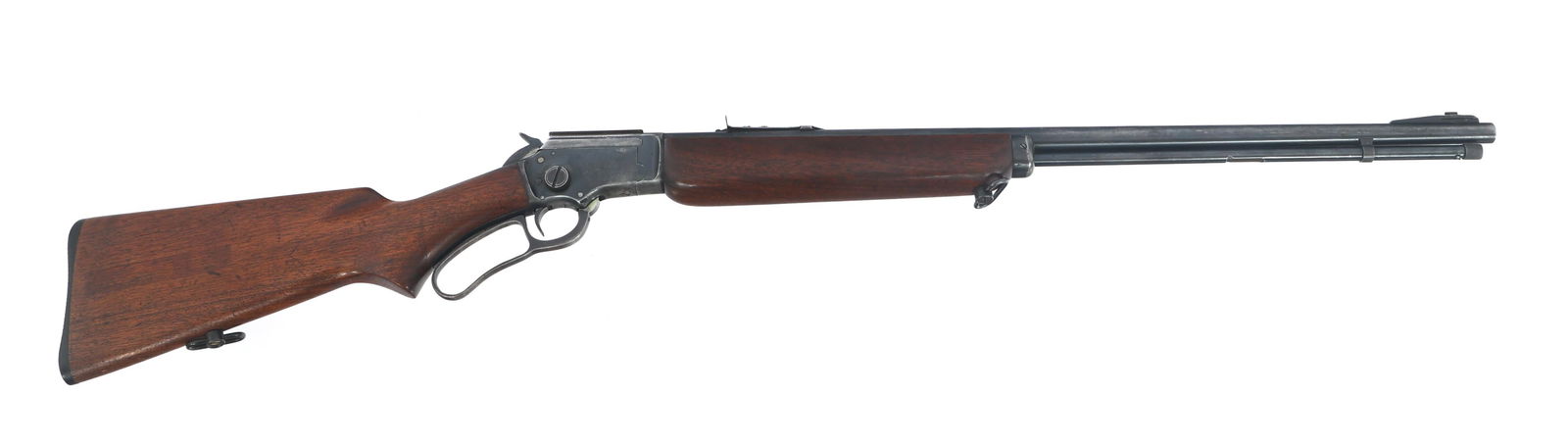 MARLIN MODEL 39-A .22 S-L-LR CALIBER RIFLE: MARLIN MODEL 39-A .22 S-L-LR CALIBER RIFLE Marlin Model 39-A .22 S-L-LR caliber lever action rifle. Wood stock and forend. Marlin composite butt plate. Sling swivels. Blade front sight. Adjustable rea