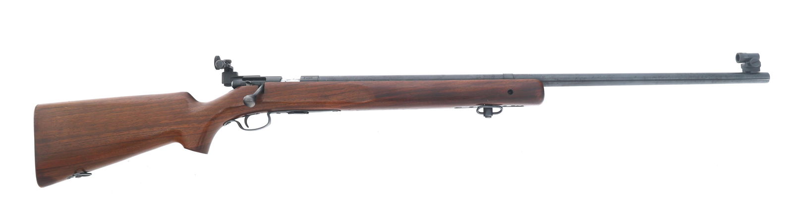 1951 WINCHESTER MODEL 75 .22 LR CALIBER RIFLE: 1951 WINCHESTER MODEL 75 .22 LR CALIBER RIFLE 1951 Winchester Model 75 .22 LR caliber bolt action target rifle. Wood stock. Steel butt plate. Sling swivels. Hooded front sight. Redfield target rear si