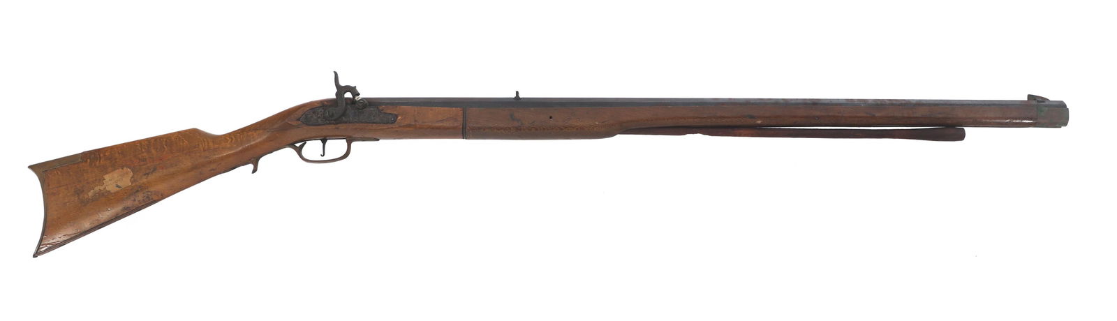 SPANISH JUKAR .45 CAL PERCUSSION LONG RIFLE: SPANISH JUKAR .45 CAL PERCUSSION LONG RIFLE Spanish Jukar .45 caliber muzzle loading black powder percussion long rifle. Lightly engraved lockplate and hammer. 33.5 inch octagonal barrel. Blued finish