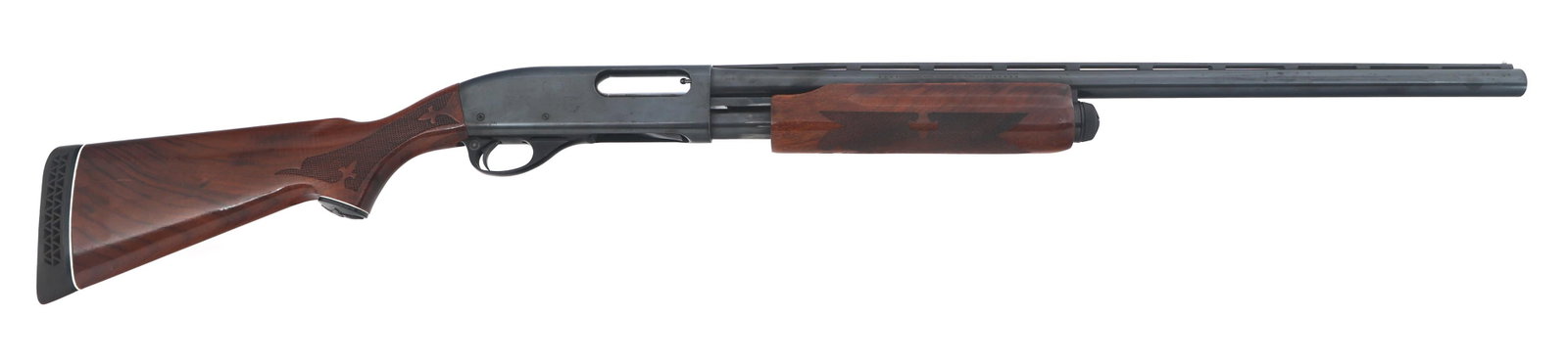 REMINGTON WINGMASTER MODEL 870 12 GAUGE SHOTGUN: REMINGTON WINGMASTER MODEL 870 12 GAUGE SHOTGUN Remington Wingmaster Model 870 12 gauge pump action shotgun. 2.75" shells. Blued finish. Checkered wood stock. Vented rib barrel with bead front sight. 