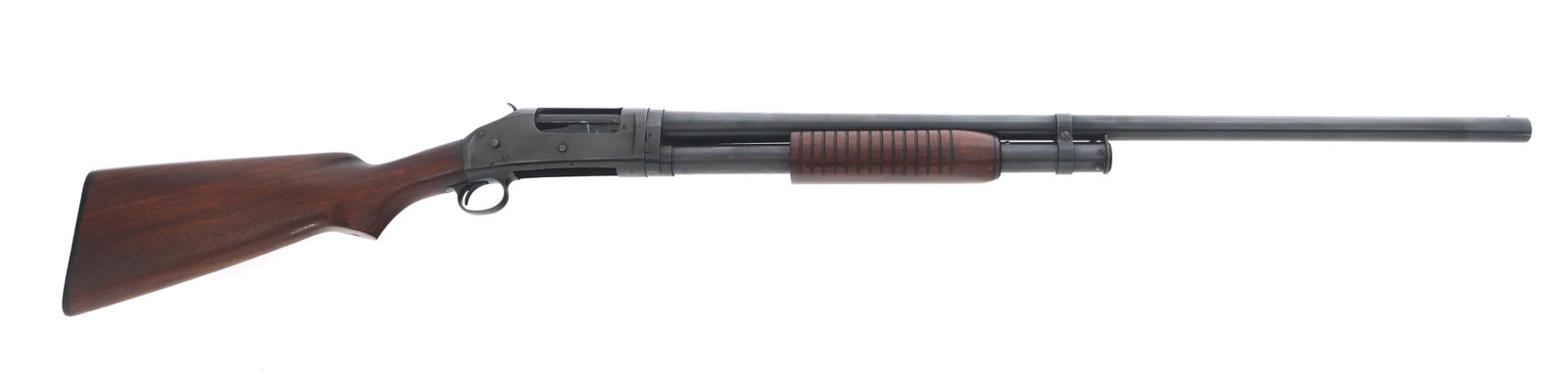 1942 WINCHESTER MODEL 97 12 GAUGE SHOTGUN: 1942 WINCHESTER MODEL 97 12 GAUGE SHOTGUN 1942 Winchester Model 97 12 gauge pump action shotgun. 2 3/4 inch chamber. Full choke. Wood stock and forend. Composite butt plate. Bead front sight. Caliber 