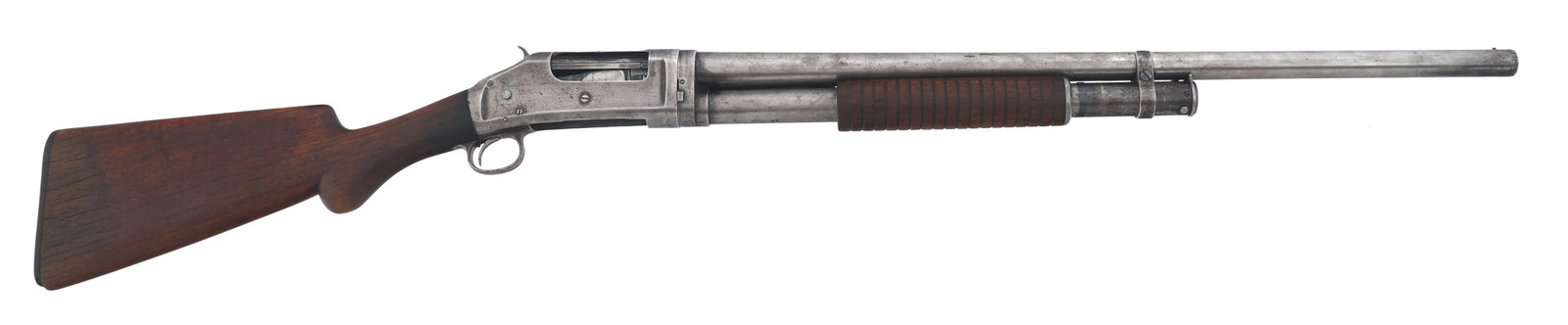 1904 WINCHESTER MODEL 1897 BRUSH TAKEDOWN SHOTGUN: 1904 WINCHESTER MODEL 1897 BRUSH TAKEDOWN SHOTGUN 1904 Winchester Model 1897 Brush Takedown 12 gauge pump action shotgun. 2 3/4 inch chamber. Cylinder choke. Wood stock and forend. Composite butt plat
