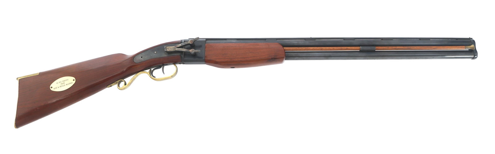 TINGLE MFG. 12 GA OVER/UNDER PERCUSSION SHOTGUN: TINGLE MFG. 12 GA OVER/UNDER PERCUSSION SHOTGUN Tingle MFG. Co. No. 136 12 gauge over and under side hammer percussion shotgun. Blued finish. Wood stock. Vented rib barrel with bead front sight. Brass