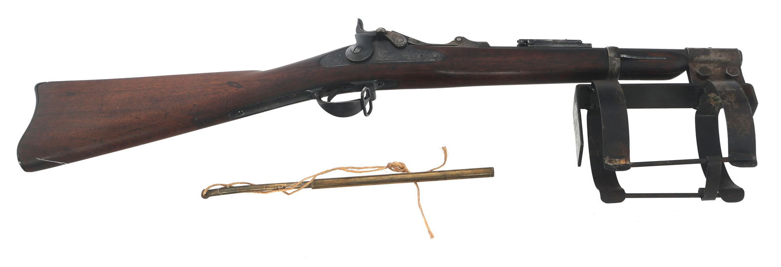US SPRINGFIELD MODEL 1873 CONVERTED LINE THROWER: US SPRINGFIELD MODEL 1873 CONVERTED LINE THROWER WWII US Springfield Model 1873 converted line thrower with line. Blued finish. Wood stock. Rear sight. Drum holder. Caliber / Gauge: 45-70 Barrel Lengt