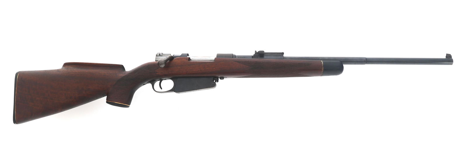 SPORTERIZED ARGENTINIAN LOEWE 1891 7.65mm RIFLE: SPORTERIZED ARGENTINIAN LOEWE 1891 7.65mm RIFLE Sporterized Argentinian Loewe 1891 7.65x53mm caliber bolt action Mauser rifle. Serial numbers match on barrel, receiver, and bolt. Blued finish. Adjusta