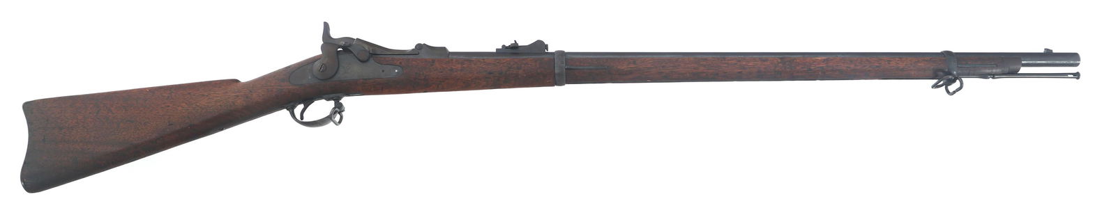 US SPRINGFIELD MODEL 1873 .45-70 TRAPDOOR RIFLE: US SPRINGFIELD MODEL 1873 .45-70 TRAPDOOR RIFLE 1885 US Springfield Model 1873 .45-70 caliber breech loading trapdoor rifle. Left side of barrel stamped V / P / eagle head. Top of breech block stamped