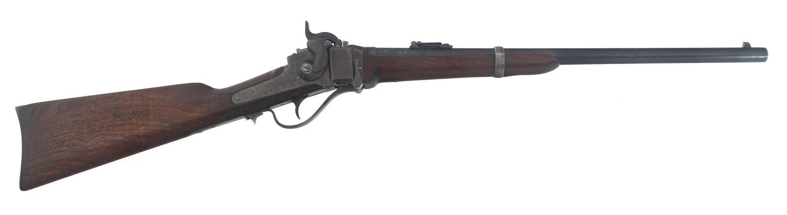 US SHARPS MODEL 1859 .50-70 CALIBER CARBINE: US SHARPS MODEL 1859 .50-70 CALIBER CARBINE US Sharps Model 1859 .50-70 caliber breech loading carbine. Wood stock and forend. US stamped behind left receiver tang. 8 stamped on heel in front of butt