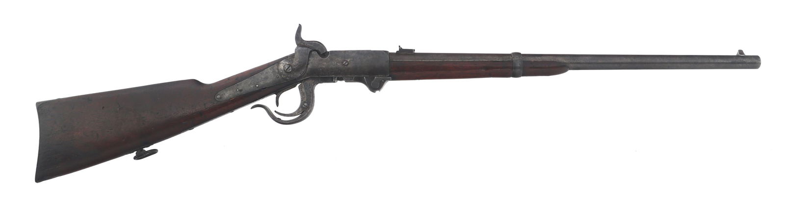US BURNSIDE MODEL 1864 .54 CALIBER CAVALRY CARBINE: US BURNSIDE MODEL 1864 .54 CALIBER CAVALRY CARBINE US Burnside Model 1864 .54 caliber percussion cavalry carbine. Inspector George Curtis initials stamped on side plate. Wood stock and forend. Steel b