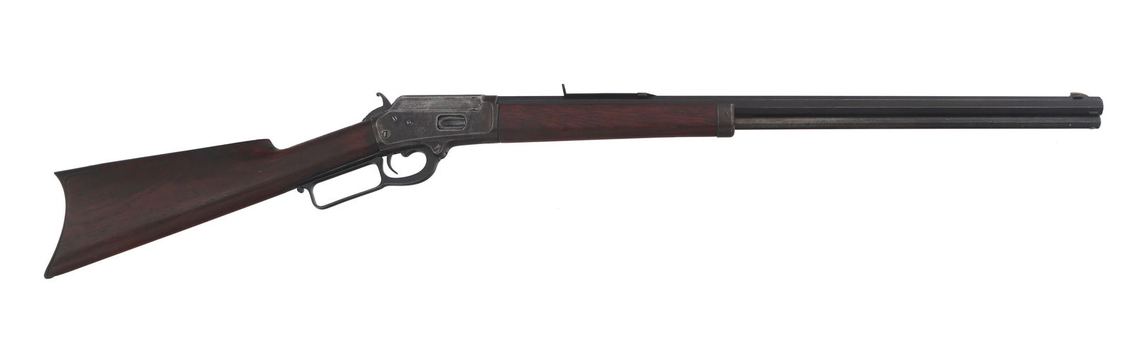 MARLIN MODEL 1889 .32 W CALIBER LEVER ACTION RIFLE: MARLIN MODEL 1889 .32 W CALIBER LEVER ACTION RIFLE Marlin Model 1889 .32 W caliber lever action rifle. 24" octagonal barrel stamped 32 W. Blued finish. Blade front sight. Adjustable rear sight. Wood s