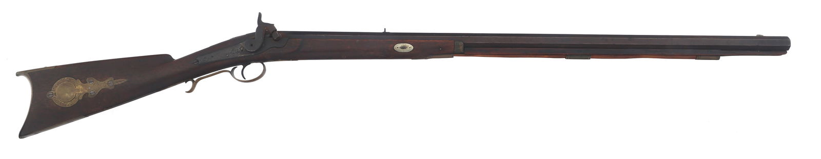 WM READ .45 CALIBER HALF STOCK PERCUSSION RIFLE: WM READ .45 CALIBER HALF STOCK PERCUSSION RIFLE WM Read .45 caliber half stock percussion rifle. 33" octagonal barrel with SA stamped in front of rear sight. WM Read over Boston stamped on side plate.