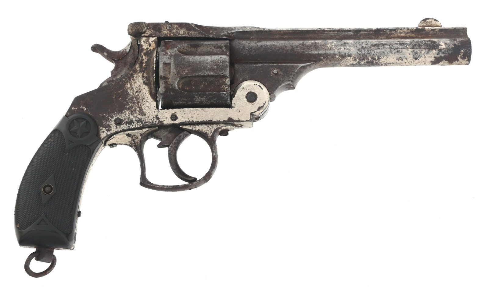 BELGIAN FRONTIER ARMY 44WCF CAL TOP BREAK REVOLVER: BELGIAN FRONTIER ARMY 44WCF CAL TOP BREAK REVOLVER Belgian Frontier Army .44 WCF caliber top break double action revolver. Nickel finish. Checkered hard rubber grips. Six shot fluted cylinder with aut