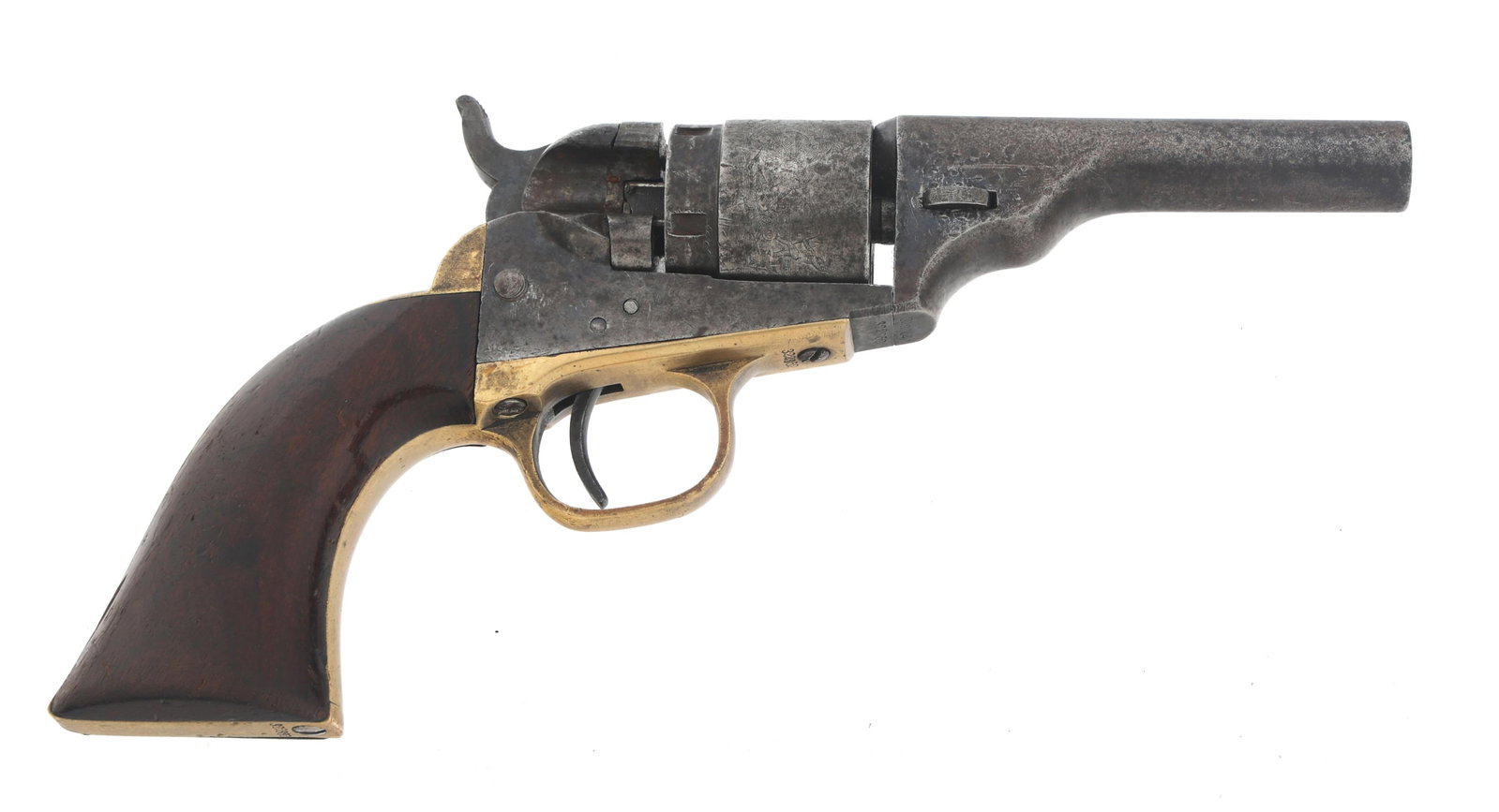 COLT MODEL 1849 POCKET .38 CONVERSION REVOLVER: COLT MODEL 1849 POCKET .38 CONVERSION REVOLVER Colt Model 1849 Pocket .38 caliber conversion SA revolver. Converted by Colt. 3.5 inch round barrel. Engraved five-shot smooth cylinder. Serial numbers m
