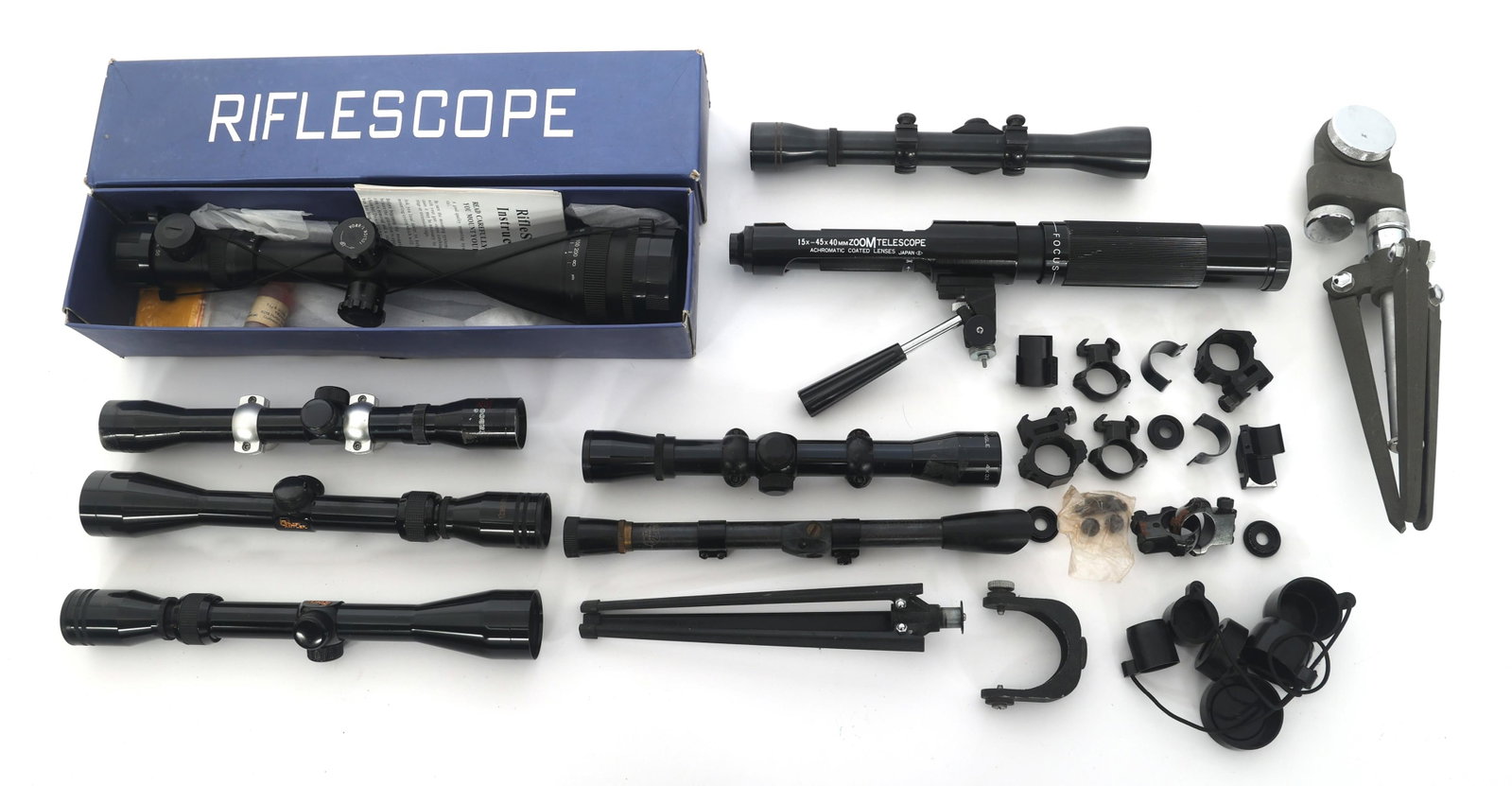 RIFLE SCOPES & TELESCOPE WITH SMALL PARTS: RIFLE SCOPES & TELESCOPE WITH SMALL PARTS Eight rifle scopes and one telescope with other small parts. TH Custom Products 4-16x56mm rifle scope with duplex crosshair reticle in cardboard box. 2 Tasco 