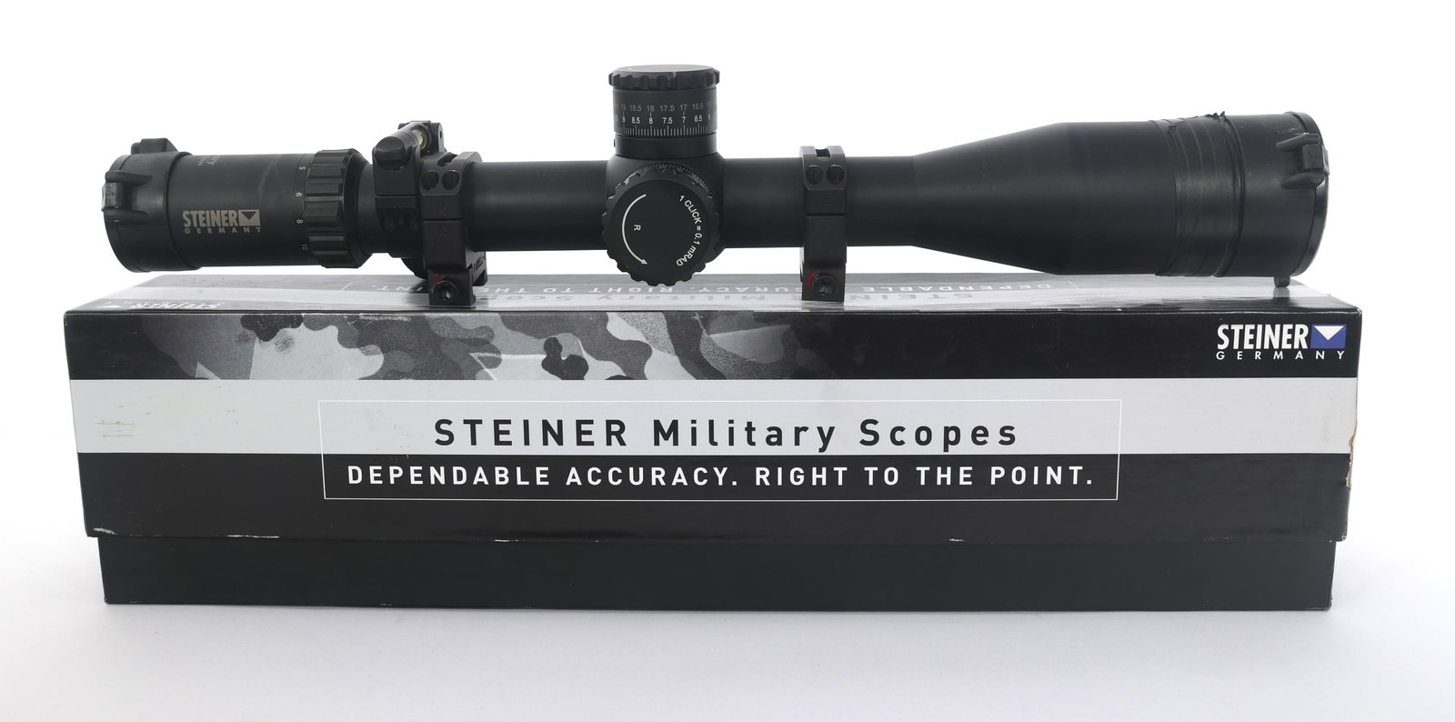 STEINER MILITARY 4-16X50mm RIFLE SCOPE: STEINER MILITARY 4-16X50mm RIFLE SCOPE Steiner Military 4-16x50mm scope with illuminated G2 reticle. Steiner 50mm shade. Flatline Accu / Level 34mm scope level. Flatline Strong Arm - Angle Degree Indi