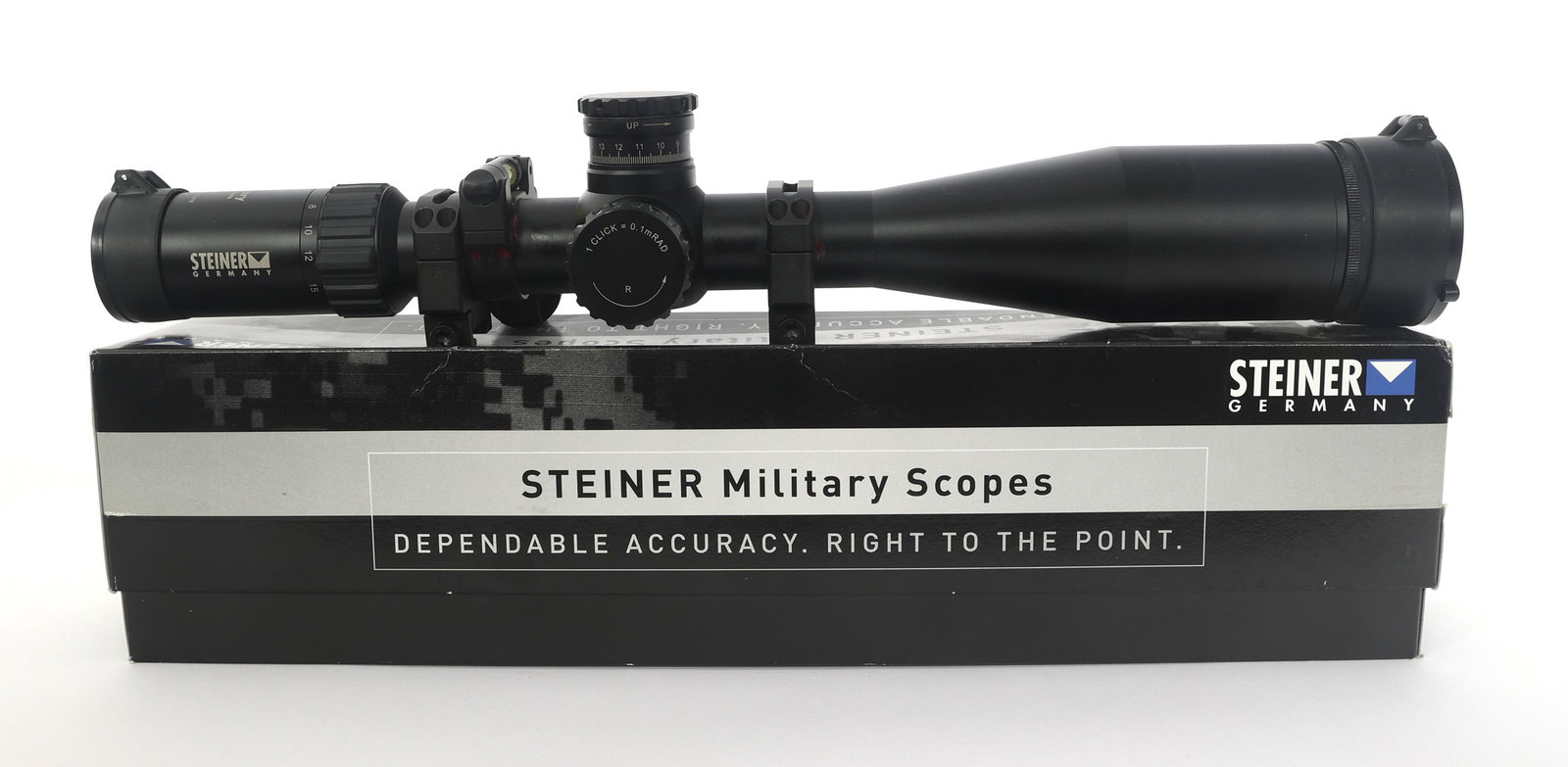 STEINER MILITARY 5-25X56mm RIFLE SCOPE: STEINER MILITARY 5-25X56mm RIFLE SCOPE Steiner Military 5-25x56mm scope with illuminated MSR reticle. Steiner 56mm shade. Flatline Accu / Level 34mm scope level. Flatline Strong Arm - Angle Degree Ind