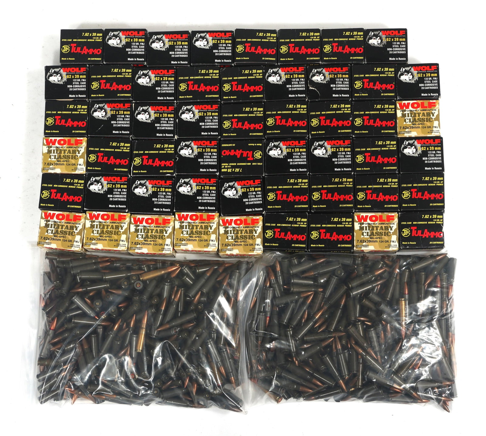 7.62X39 CALIBER AMMUNITION - 60 POUNDS TGW: 7.62X39 CALIBER AMMUNITION - 60 POUNDS TGW 60 pounds total gross weight of 7.62x39 caliber ammunition. Brands include Wolf and Tula. Weight includes all packaging. Boxes may be opened or partial. Cali