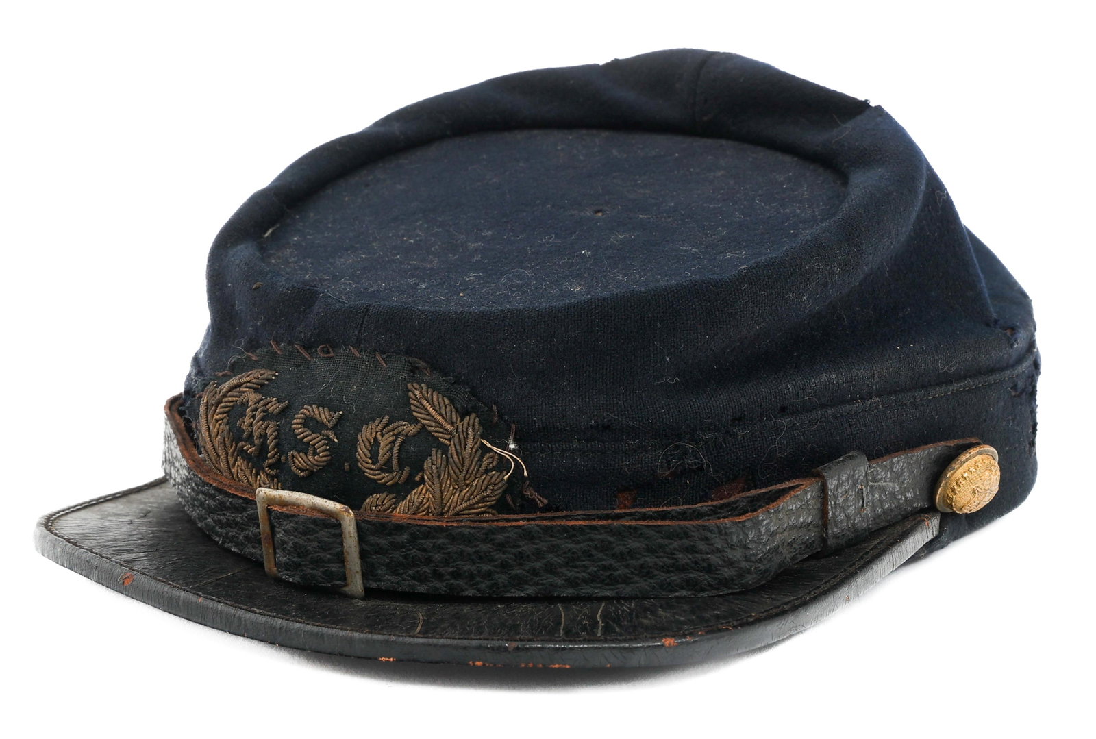 CIVIL WAR UNION HORATIO SEYMOUR CAVALRY KEPI: CIVIL WAR UNION HORATIO SEYMOUR CAVALRY KEPI Civil War Union Army 13th "Horatio Seymour Cavalry" Cavalry Regiment Enlisted Kepi. Dark blue wool construction with black leather visor. "H.S.C" wreathed 