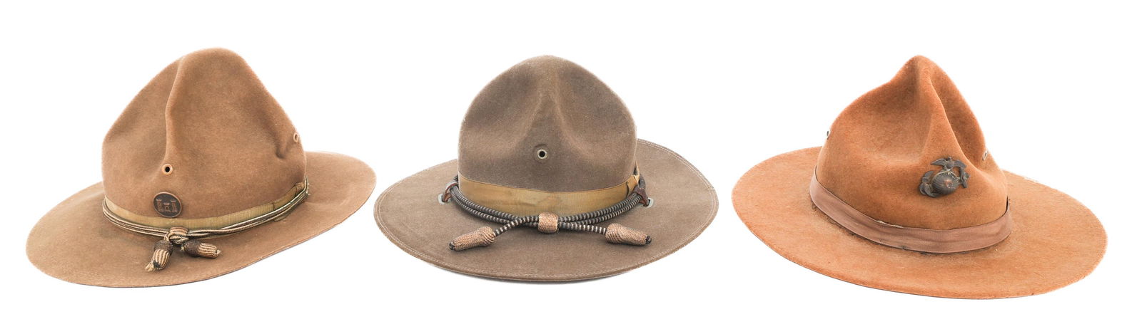 WWI - 1920's USMC & ARMY CAMPAIGN HATS: WWI - 1920's USMC & ARMY CAMPAIGN HATS WWI - 1920's US Marine Corps & Army Campaign Hats. (1) USMC Hat with EGA badge. Leather sweatband and cord. (1) Army Corps of Engineers Hat. Collar disk badge, L