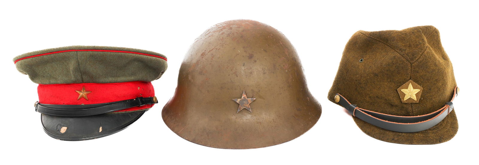 WWII IMPERIAL JAPANESE ARMY HELMET & CAPS: WWII IMPERIAL JAPANESE ARMY HELMET & CAPS WWII Imperial Japanese Army Civil Defense Helmet Shell and Caps. (1) Civil Defense Helmet. Frontal IJA star. No liner. (1) Army Officer's field cap with moder