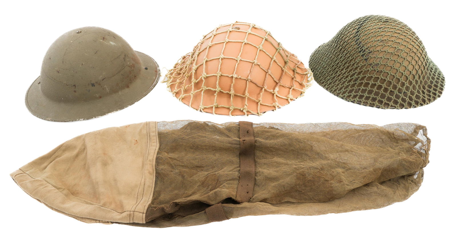 WWII BRITISH ARMY MKII COMBAT HELMETS: WWII BRITISH ARMY MKII COMBAT HELMETS WWII British Army MkII Combat Helmets. Liners and chinstraps present. Two include camo netting. One includes mosquito head net.