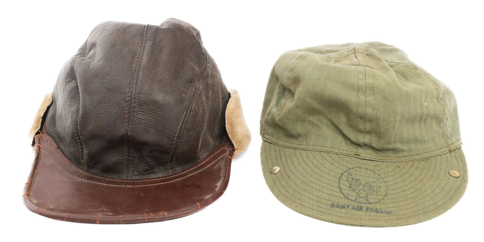 WWII USAAF TYPE A-3 MECHANIC & B-2 FLYING CAPS: WWII USAAF TYPE A-3 MECHANIC & B-2 FLYING CAPS WWII USAAF Type A-3 Mechanics Cap and B-2 Flying Cap. (1) Type A-3. Green HBT construction. USAAF stamp on the bill. Maker marked by Society Brand Hat Co