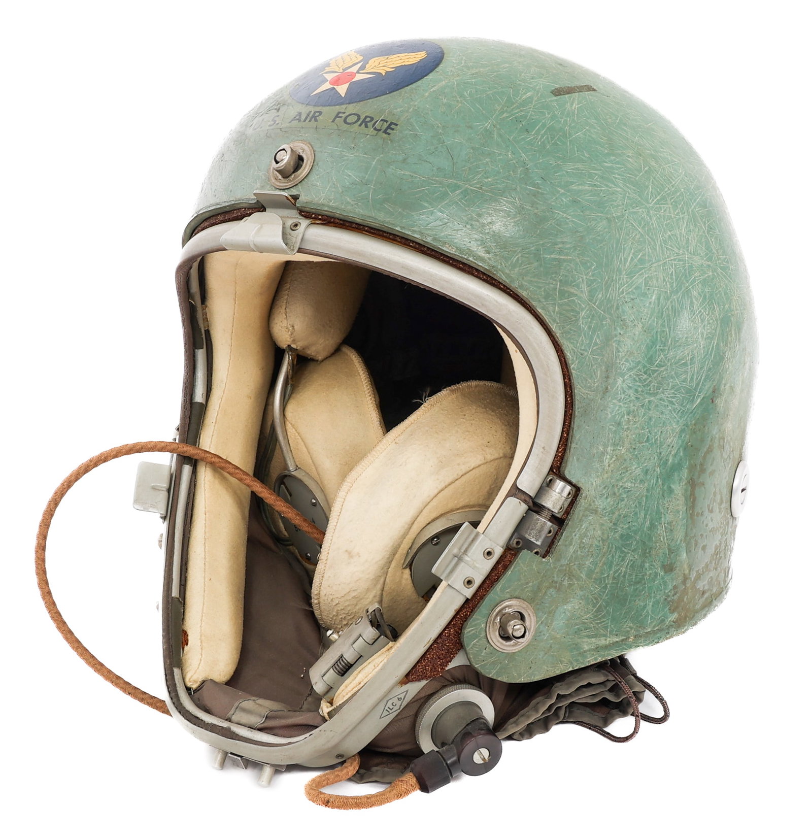 COLD WAR USAF K-1 HIGH ALTITUDE FLIGHT HELMET: COLD WAR USAF K-1 HIGH ALTITUDE FLIGHT HELMET Cold War USAF K-1 High Altitude Flight Helmet. The helmet consists of a inner hood/neck skirt with a rigid metal frame, connected to a one piece green fib