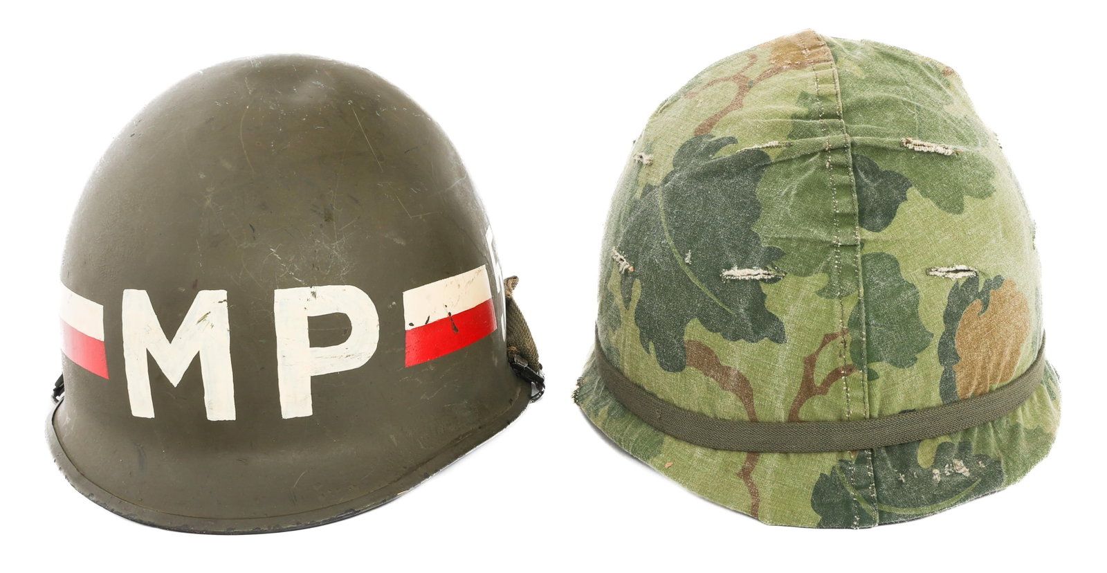 VIETNAM WAR US MILITARY POLICE & CAMO M1 HELMETS: VIETNAM WAR US MILITARY POLICE & CAMO M1 HELMETS Vietnam War US Army Military Police & Camouflage M1 Helmets. (1) 570th Military Police Platoon M1 with Liner. Unit decals on exterior of shell. Liner i