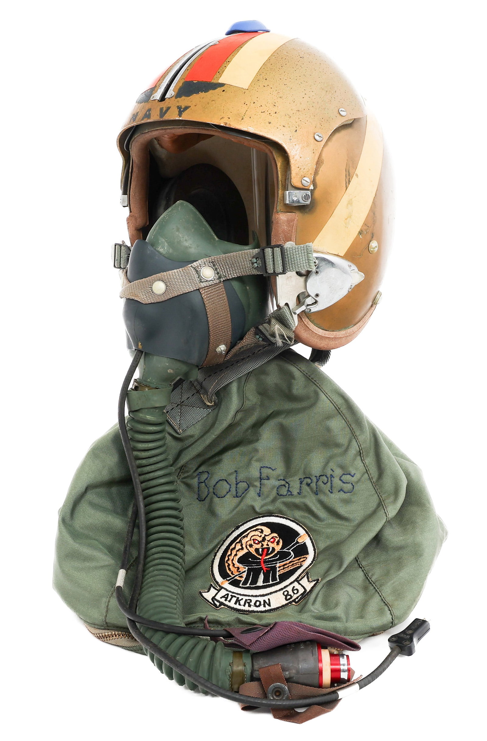 VIETNAM WAR US NAVY APH-5 FLIGHT HELMET: VIETNAM WAR US NAVY APH-5 FLIGHT HELMET Vietnam War US Navy APH-5 Flight Helmet with MS-220001 Oxygen Mask. Gold painted outer shell with Navy wings and decal stripes. Single tinted visor. Liner with 