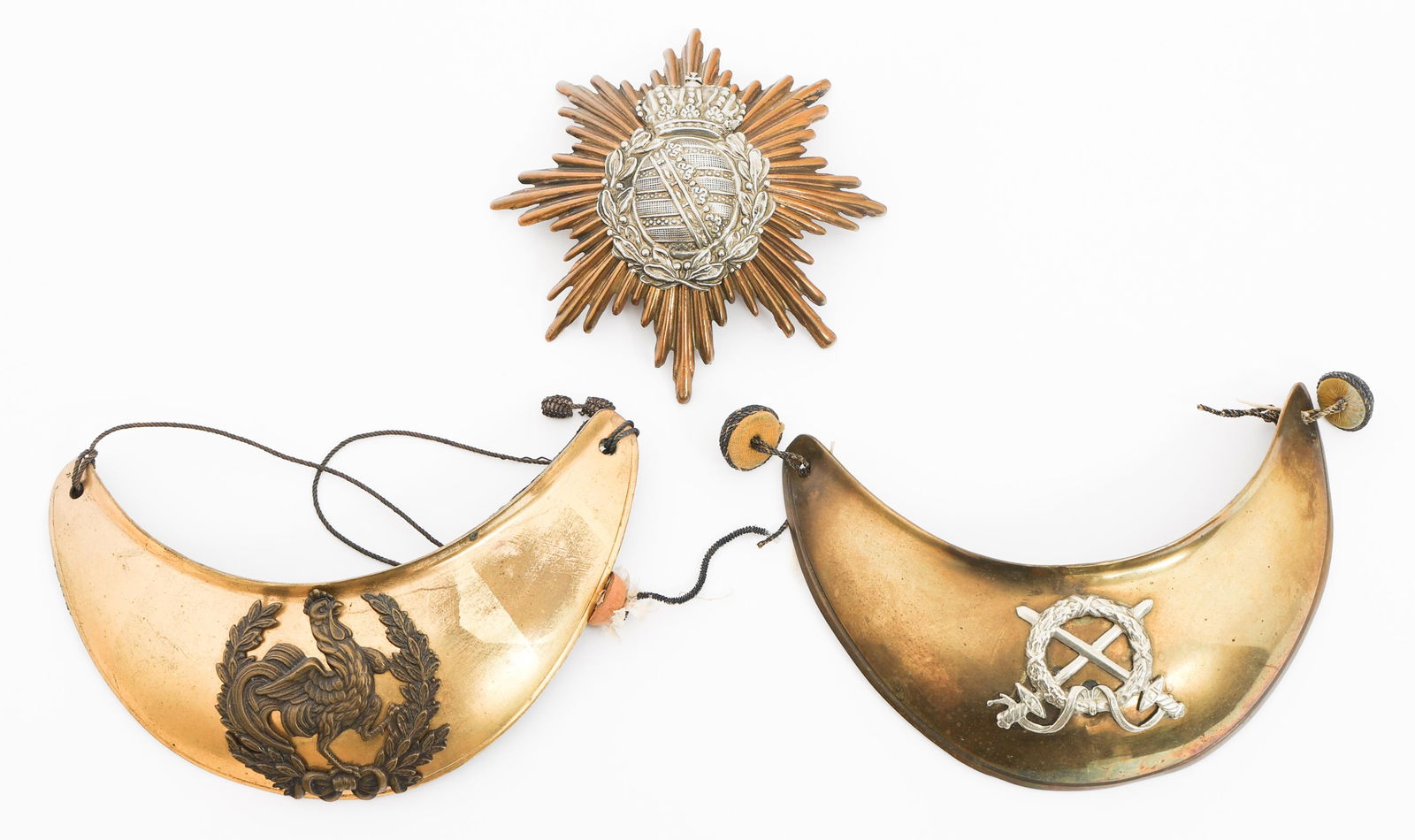 19th C. FRENCH GORGETS & SACHSEN CAP BADGE: 19th C. FRENCH GORGETS & SACHSEN CAP BADGE 19th Century French Gorgets and Sachsen Infantry Cap Badge. (1) French 2nd Empire Officer's gorget. Felt backing and cord present. (1) French 1930's National