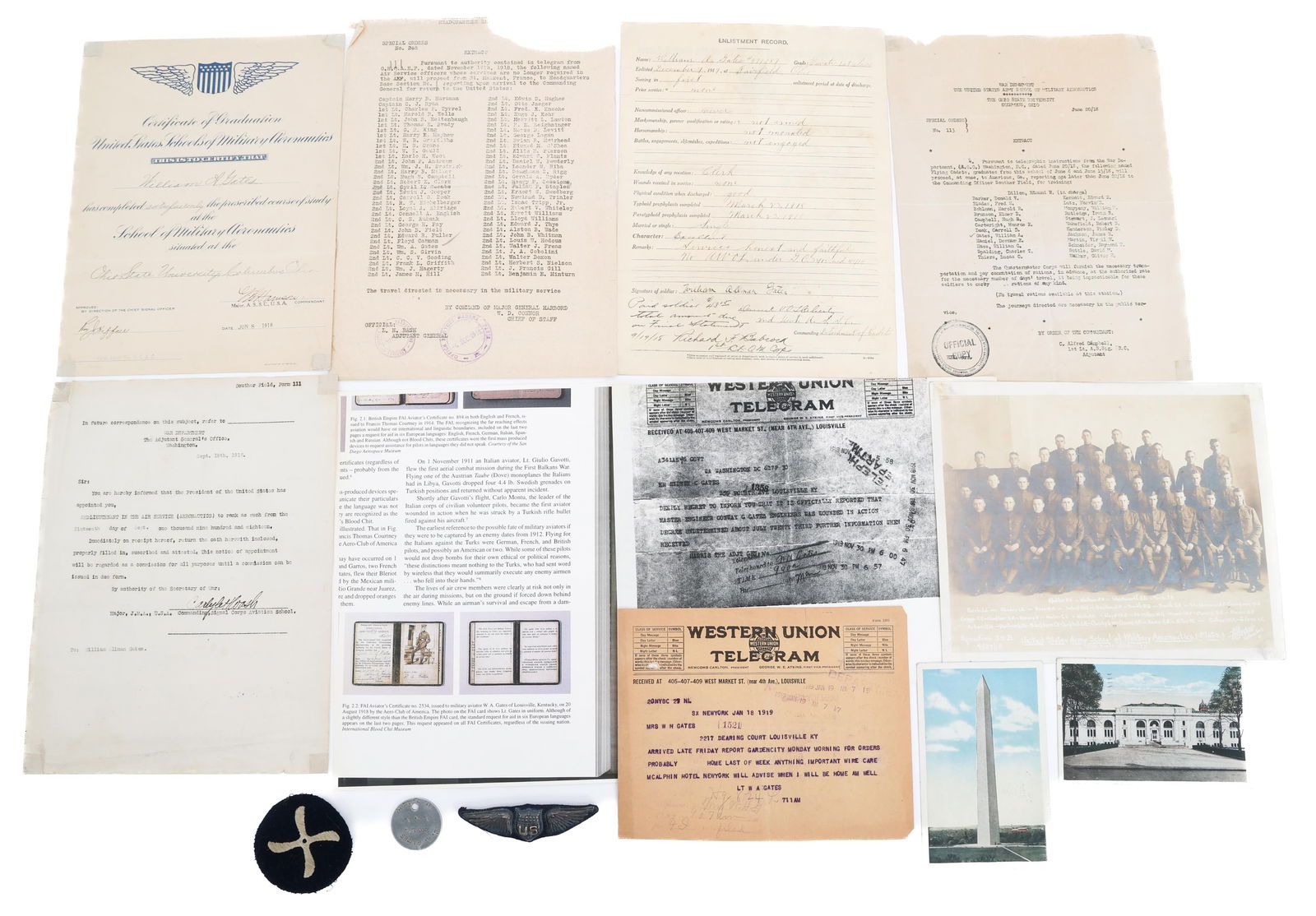 WWI US PILOT NAMED DALLAS WINGS & DOCUMENT GROUP: WWI US PILOT NAMED DALLAS WINGS & DOCUMENT GROUP WWI US AEF Pilot Dallas Wing, Patch, and Document Grouping. Named to 2nd Lieutenant William A. Gates. (1) "Dallas" Pilot Wing Badge with 14k Gold Lette