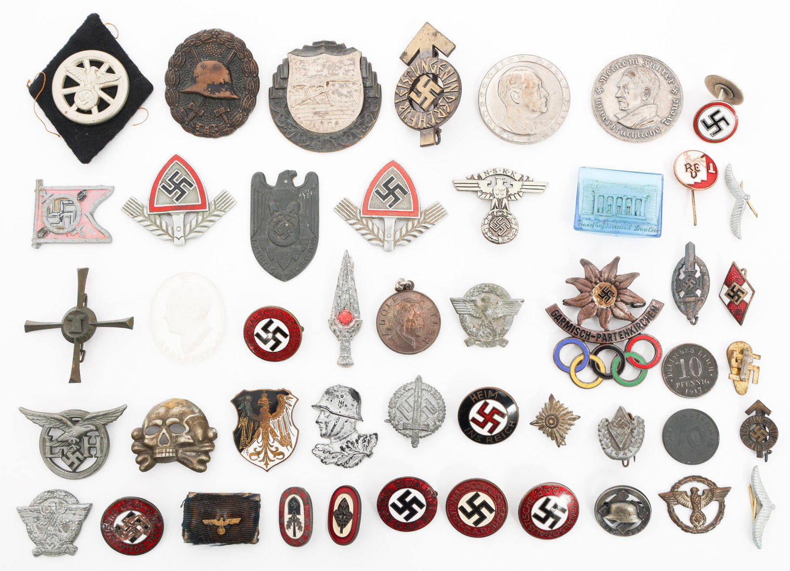 WWI - WWII GERMAN BADGES & TINNIES: WWI - WWII GERMAN BADGES & TINNIES WWI - WWII German Badges & Tinnies. Includes WWI black wound badge, Totenkopf badge, NSKK collar tab, RAD Badges, HJ pin, NSDAP membership badges, and more.