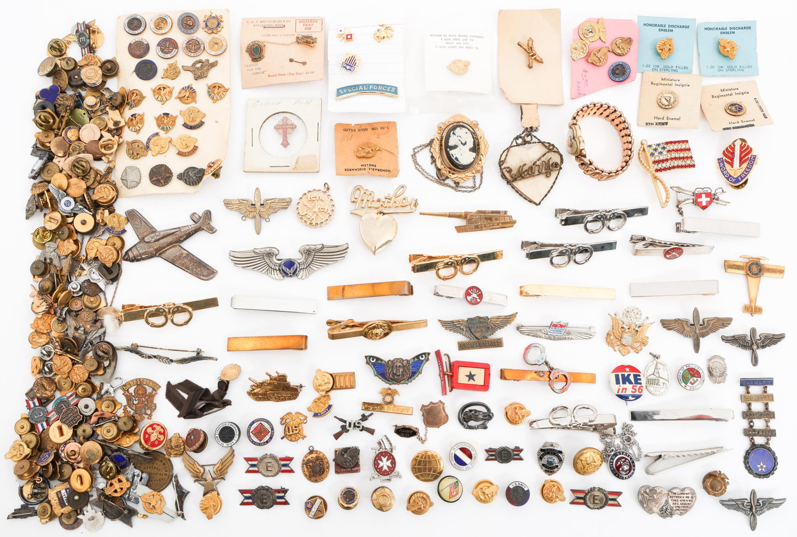 WWII - COLD WAR US HOMEFRONT PINS & INSIGNIA: WWII - COLD WAR US HOMEFRONT PINS & INSIGNIA WWII - Cold War US Armed Forces and Civilian Pins. Includes Honorable discharge, Sweetheart, Boy Scouts and Navy pins, tie clasps, bracelet and more.