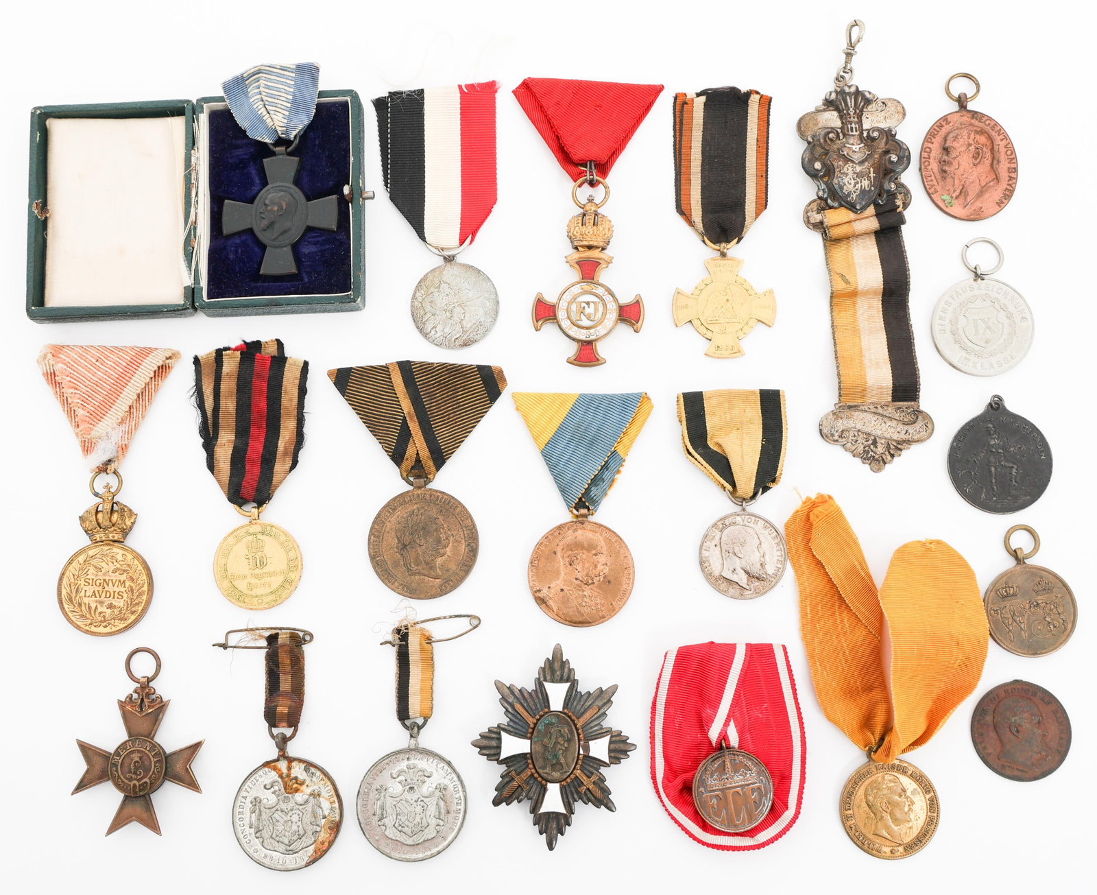 19th C. - WWI IMPERIAL GERMAN & AUSTRIAN MEDALS: 19th C. - WWI IMPERIAL GERMAN & AUSTRIAN MEDALS 19th C. - WWI Imperial German & Austro-Hungarian Medals. Includes Bavarian Merit Cross, Austrian Golden Cross of Merit with Crown, Austrian Military Mer