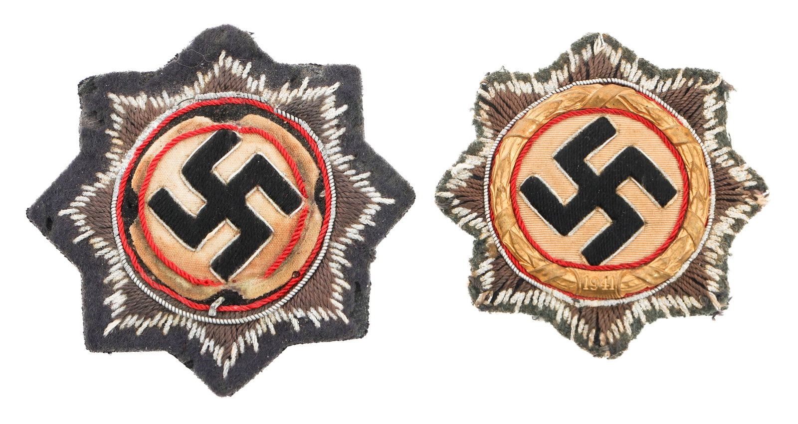 WWII GERMAN CROSS IN GOLD CLOTH BULLION EMBROIDERY: WWII GERMAN CROSS IN GOLD CLOTH BULLION EMBROIDERY Two German Crosses in Gold. Cloth version in cotton and silver thread embroidery. No backings. No visible maker marks. Size: 60.6mm to 69.1mm