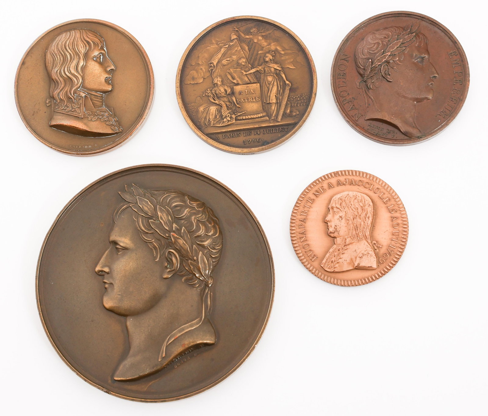 FRENCH 1st EMPIRE COMMEMORATIVE MEDALS: FRENCH 1st EMPIRE COMMEMORATIVE MEDALS French 1st Empire Commemorative Medals. Most are stamped Bronze. Size: 1 1/4" to 2 5/8" Provenance: Estate Militaria & Arms Collection of Dr. Steven D. Nicklas (