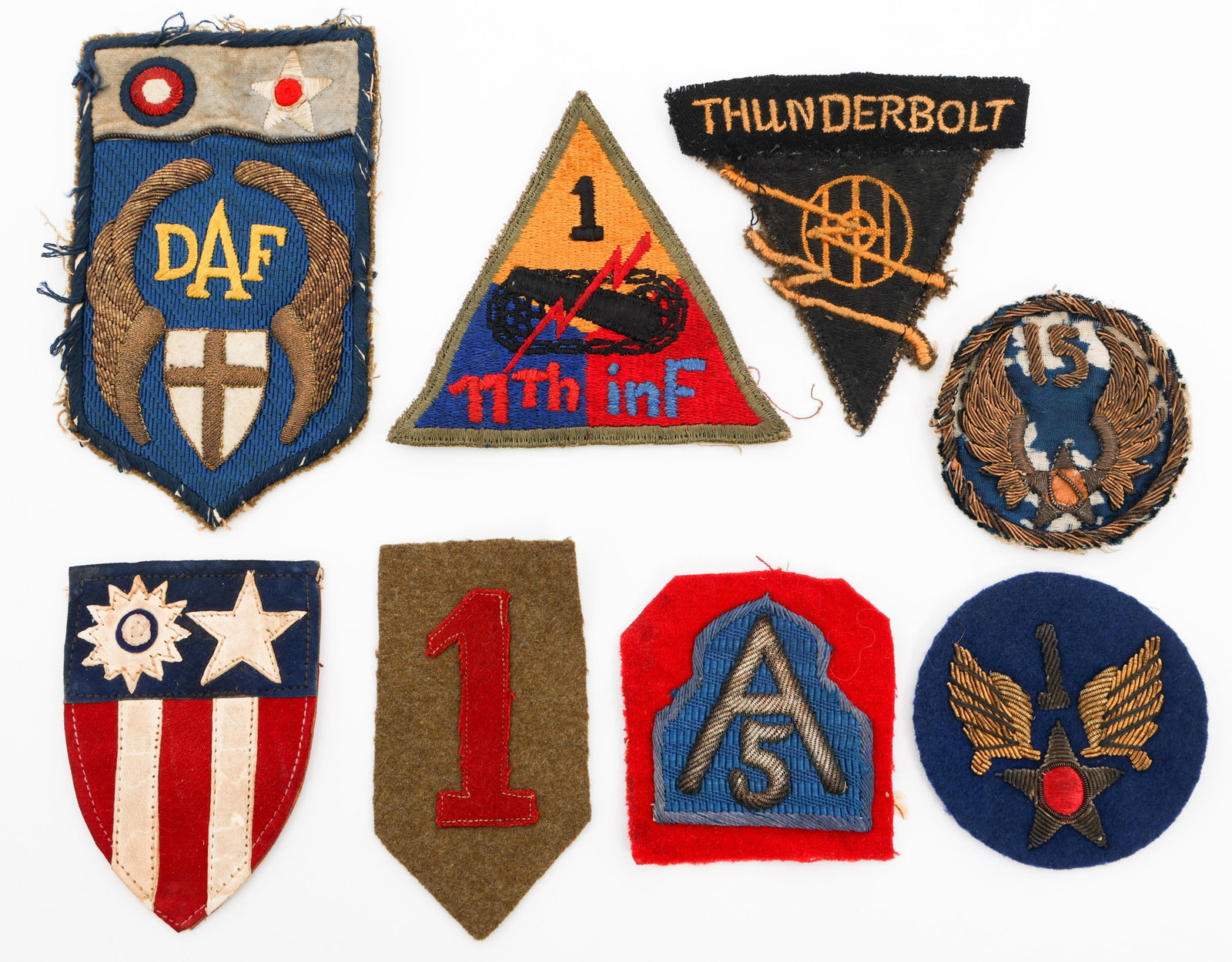 WWII US ARMED FORCES THEATER & BULLION PATCHES: WWII US ARMED FORCES THEATER & BULLION PATCHES WWII US Armed Forces Theater and Bullion Patches. Includes Desert Air Force,1st Armed Division, 1st and 83rd Infantry, 5th Army, CBI, 1st and 15th Air Fo