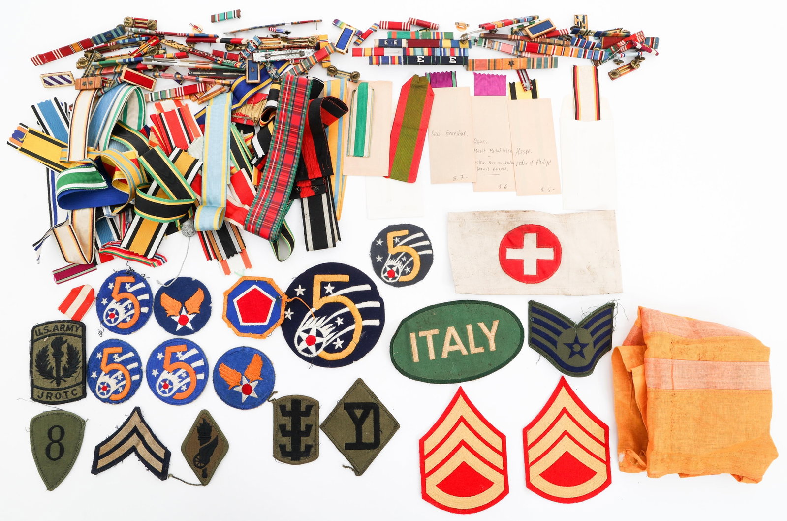 WWII - VIETNAM WAR US PATCHES & RIBBON BARS: WWII - VIETNAM WAR US PATCHES & RIBBON BARS WWII - Vietnam War Us Armed Forces patches & Ribbon Bars. Includes USAAF patches, subdued patches, rank insignia, medic armband, ribbon bars, uncut medal ri
