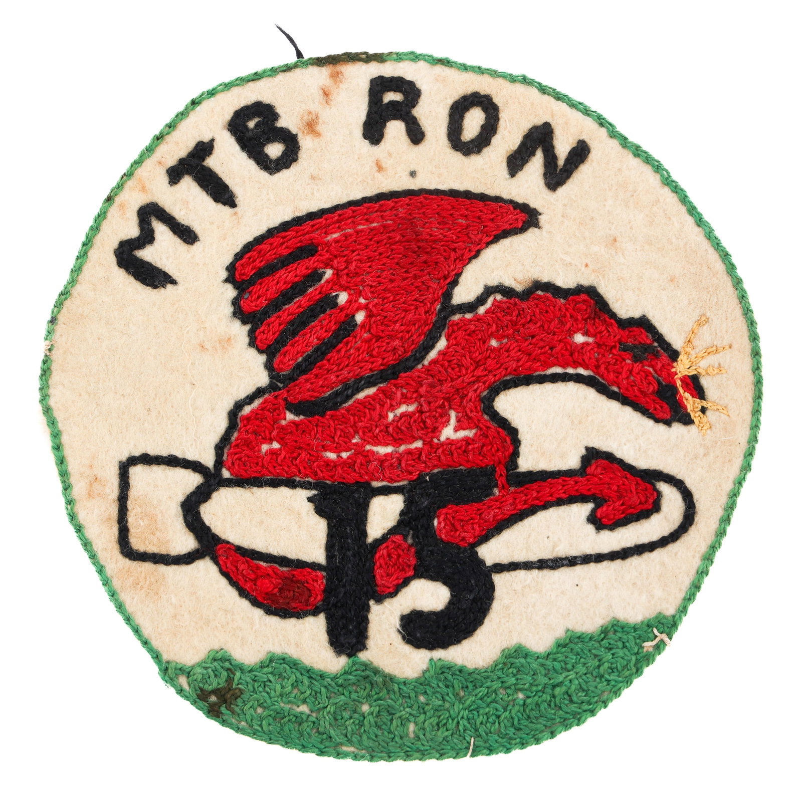WWII US NAVY PT BOAT SQ MTBRON-15 POCKET PATCH: WWII US NAVY PT BOAT SQ MTBRON-15 POCKET PATCH WWII US Navy PT Boat Squadron MTBRON-15 Pocket Patch. Embroidered cotton on wool construction. Diameter: 4 7/8". Provenance: Lifetime Military Memorabili