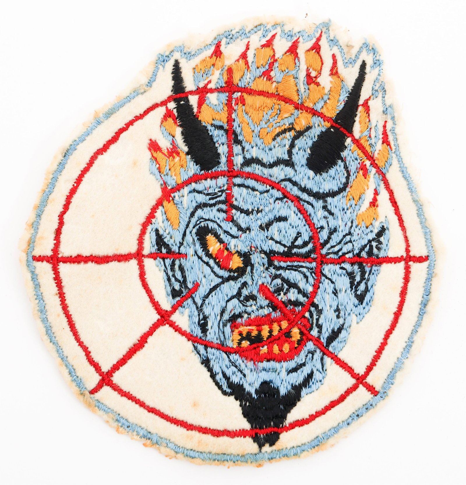 POST WWII USN FIGHTER SQUADRON VF-10A POCKET PATCH: POST WWII USN FIGHTER SQUADRON VF-10A POCKET PATCH Post WWII US Navy Fighter Squadron VF-10A Pocket Patch. Embroidered cotton on wool construction. Diameter: 5". Provenance: Lifetime Military Memorabi
