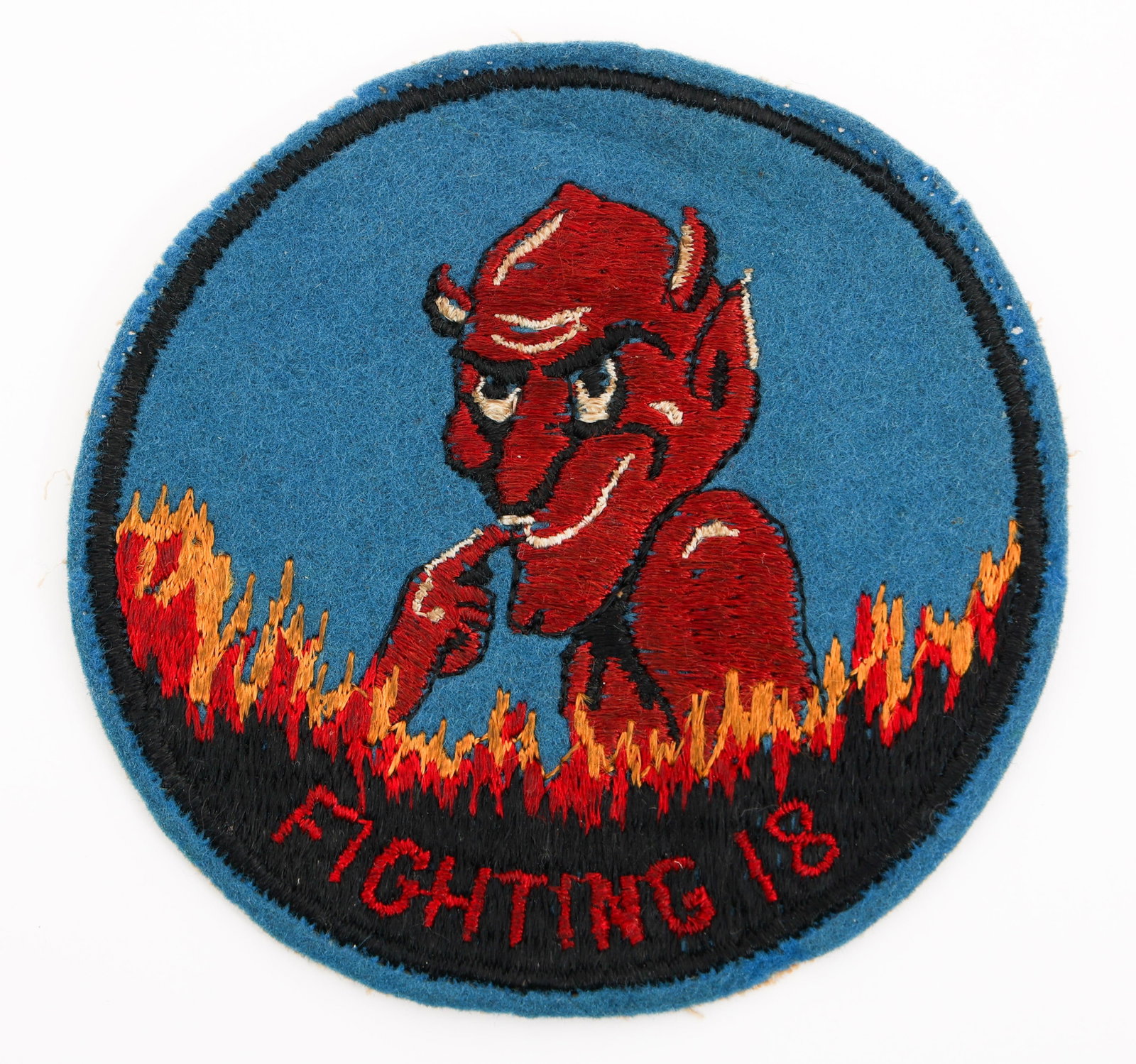 WWII US NAVY FIGHTER SQUADRON VF-18 POCKET PATCH: WWII US NAVY FIGHTER SQUADRON VF-18 POCKET PATCH WWII US Navy Fighter Squadron VF-18 Pocket Patch. Embroidered cotton on wool construction. Diameter: 3 7/8". Provenance: Lifetime Military Memorabilia 
