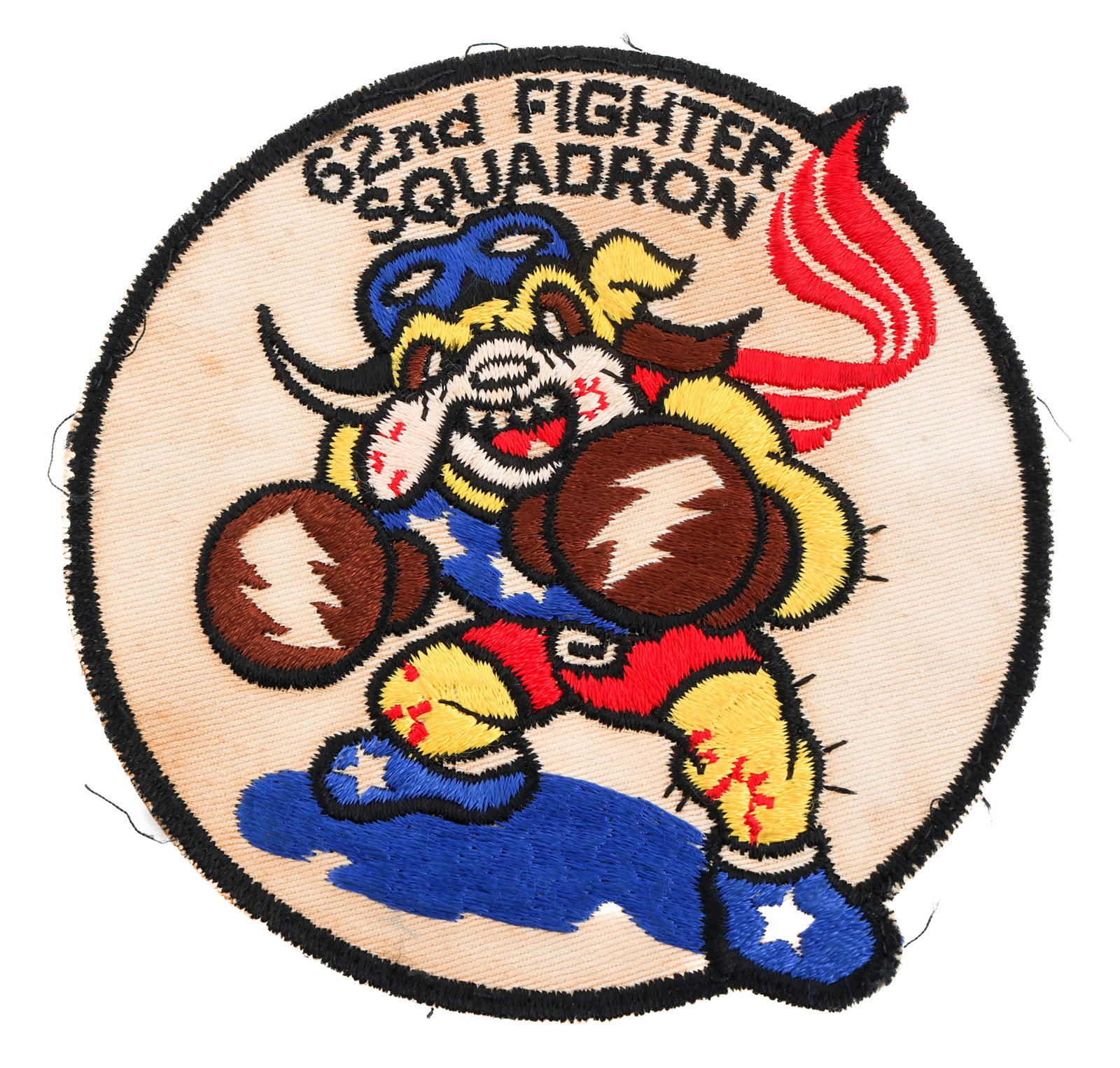 WWII USAAF 62nd FIGHTER SQUADRON POCKET PATCH: WWII USAAF 62nd FIGHTER SQUADRON POCKET PATCH WWII USAAF 62nd Fighter Squadron Pocket Patch. Embroidered cotton on twill construction. Diameter: 5". Provenance: Lifetime Military Memorabilia & Arms Co