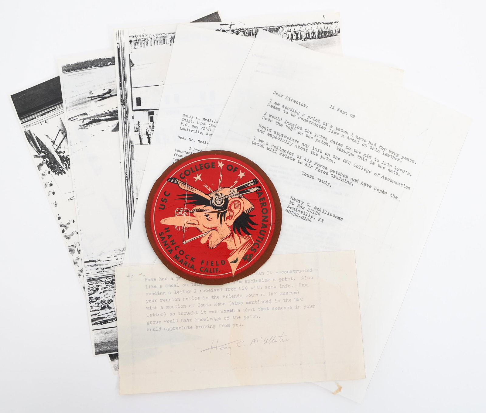 WWII USC COLLEGE OF AERONAUTICS SCHOOL PATCH: WWII USC COLLEGE OF AERONAUTICS SCHOOL PATCH WWII University of Southern California College of Aeronautics Flight School Hancock Field Santa Maria Patch & Letters. (1) Patch. Decal on leather. (3) Let