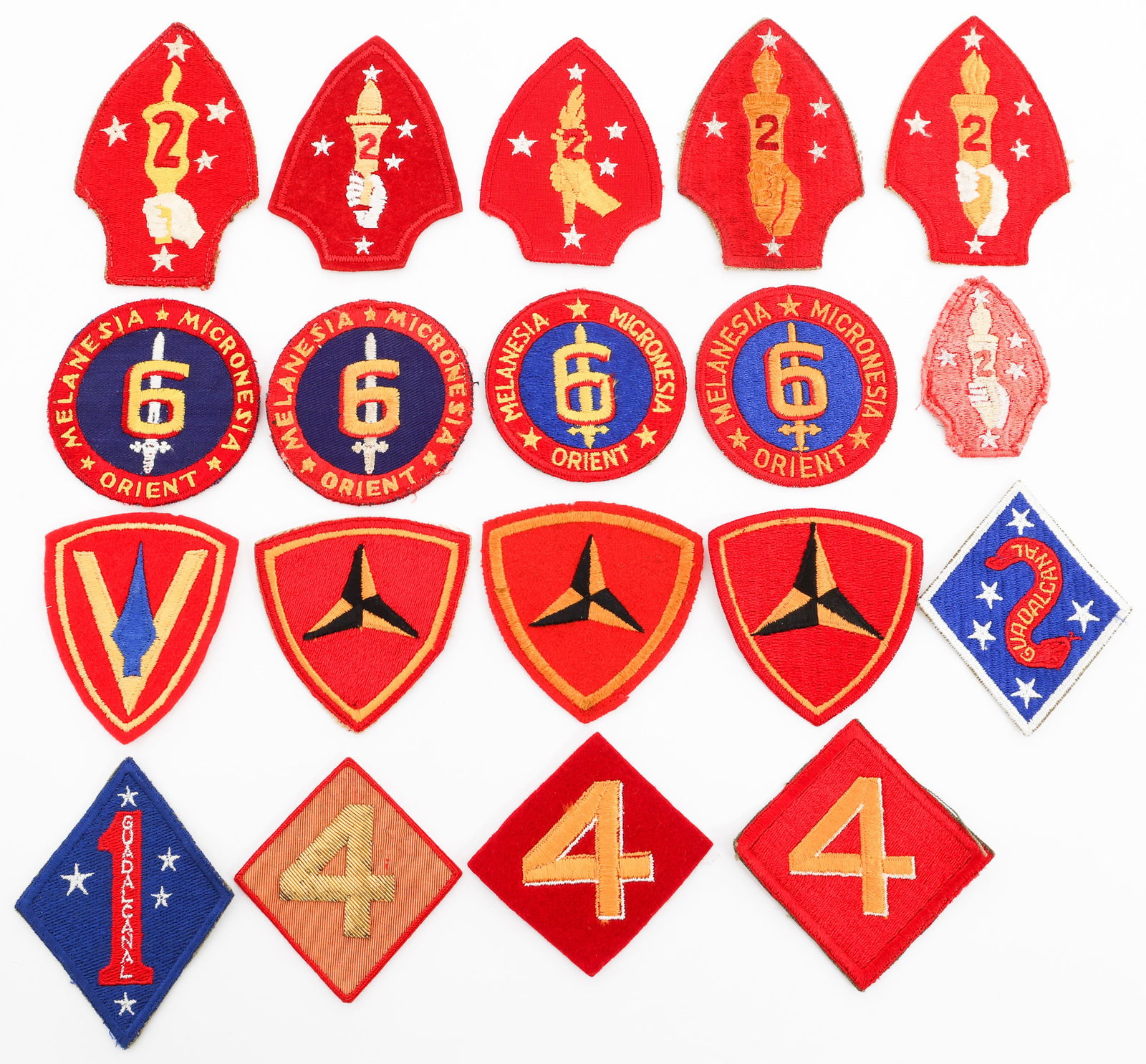 WWII - COLD WAR USMC DIVISION PATCHES: WWII - COLD WAR USMC DIVISION PATCHES WWII - Cold War USMC Division Patches. Includes 1st, 2nd, 3rd, 4th, 5th, 6th Marine Divisions. Provenance: Lifetime Military Memorabilia & Arms Collection of Pete