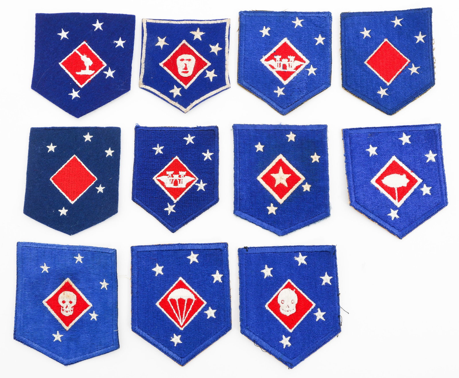 WWII US MARINE CORPS 1st MAC PATCHES: WWII US MARINE CORPS 1st MAC PATCHES WWII USMC 1st Marine Amphibious Corps Patches. Most are full embroidered construction, some are embroidery on felt. (1) Defense Battalion. (1) Supply and Service. 
