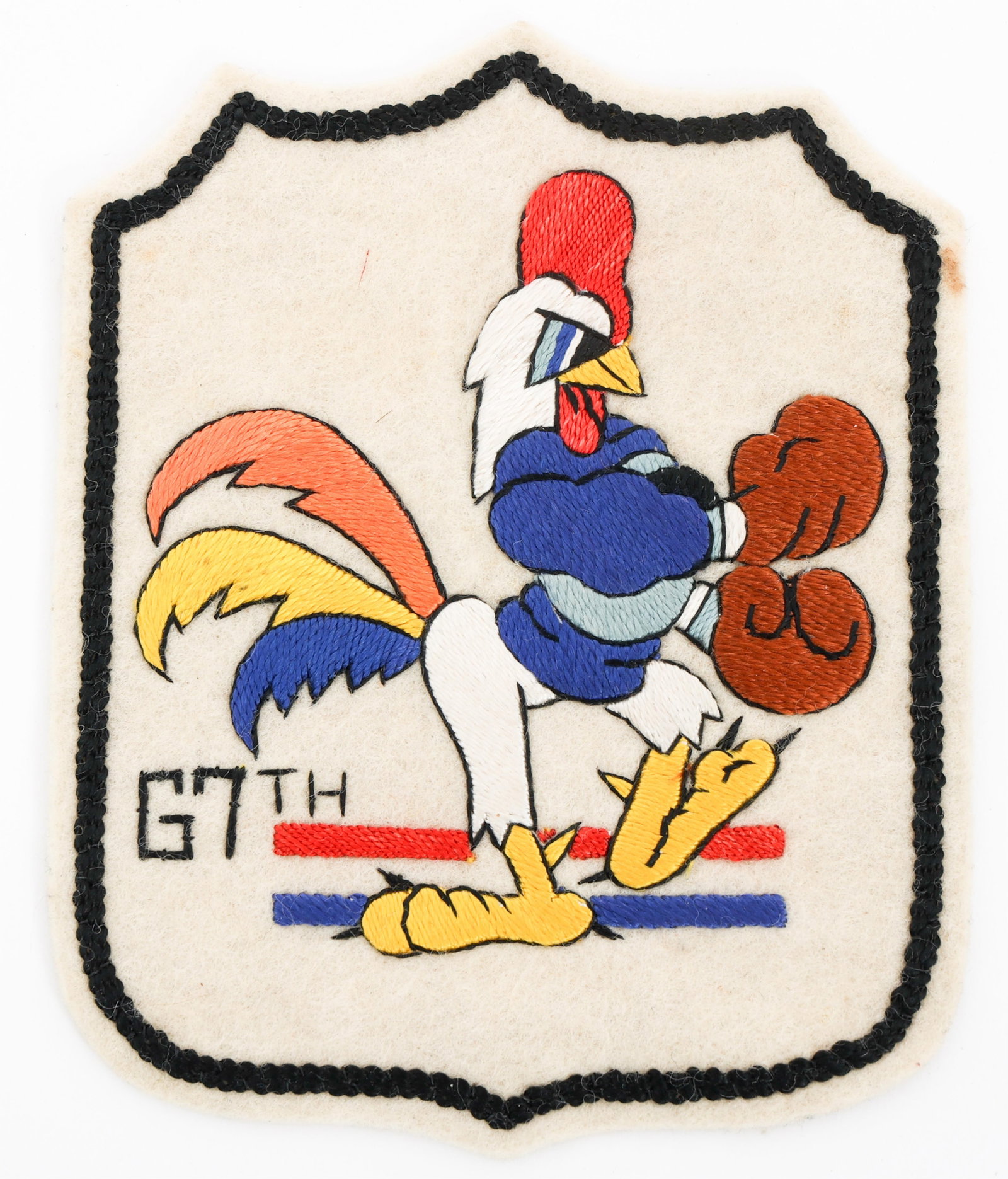 KOREAN WAR USAF 67th FIGHTER-BOMBER SQ PATCH: KOREAN WAR USAF 67th FIGHTER-BOMBER SQ PATCH Korean War US Air Force 67th Fighter-Bomber Squadron Patch. Cotton/silk embroidered on felt. Size: 4" x 5" Provenance: Lifetime Military Memorabilia & Arms